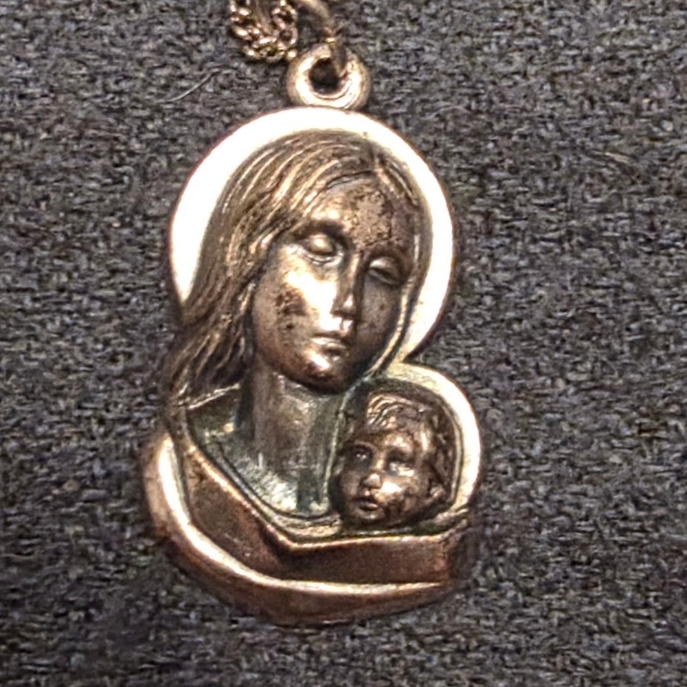 Vintage Madonna and Child Pendant Necklace Religious Virgin Mary Medallion Gold
